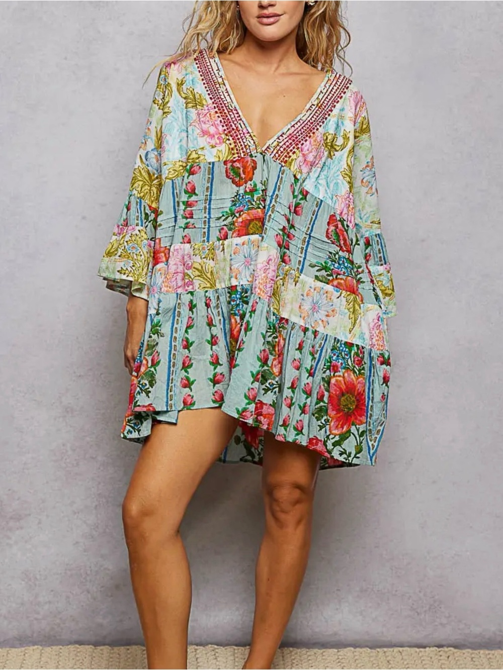 POL Patchwork Floral V-Neck Mini Dress in Light Blue with Pink & Red Accents